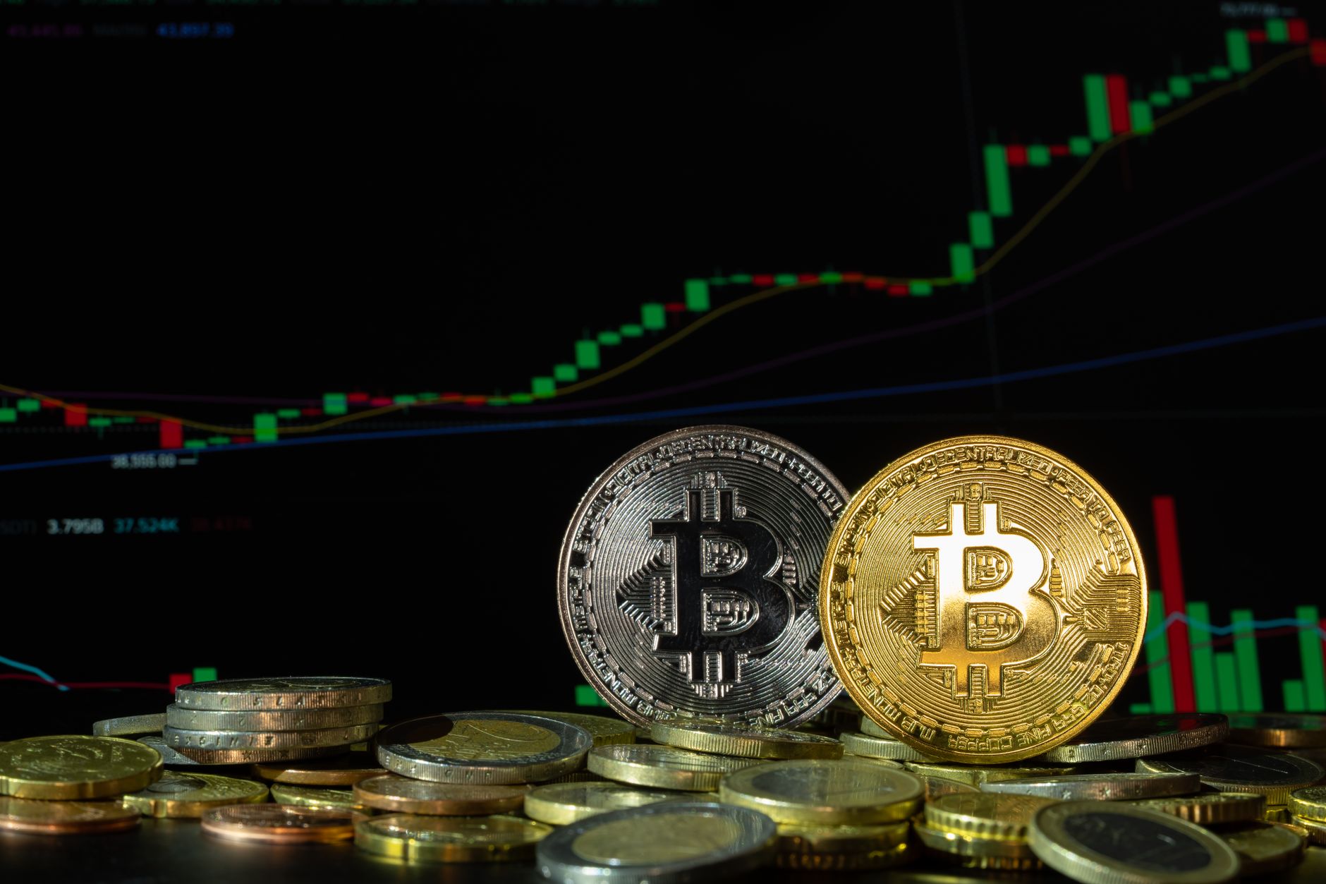 Market screens displaying cryptocurrency prices as traders follow the 21Shares leveraged Dogecoin ETF ahead of its reverse share split.