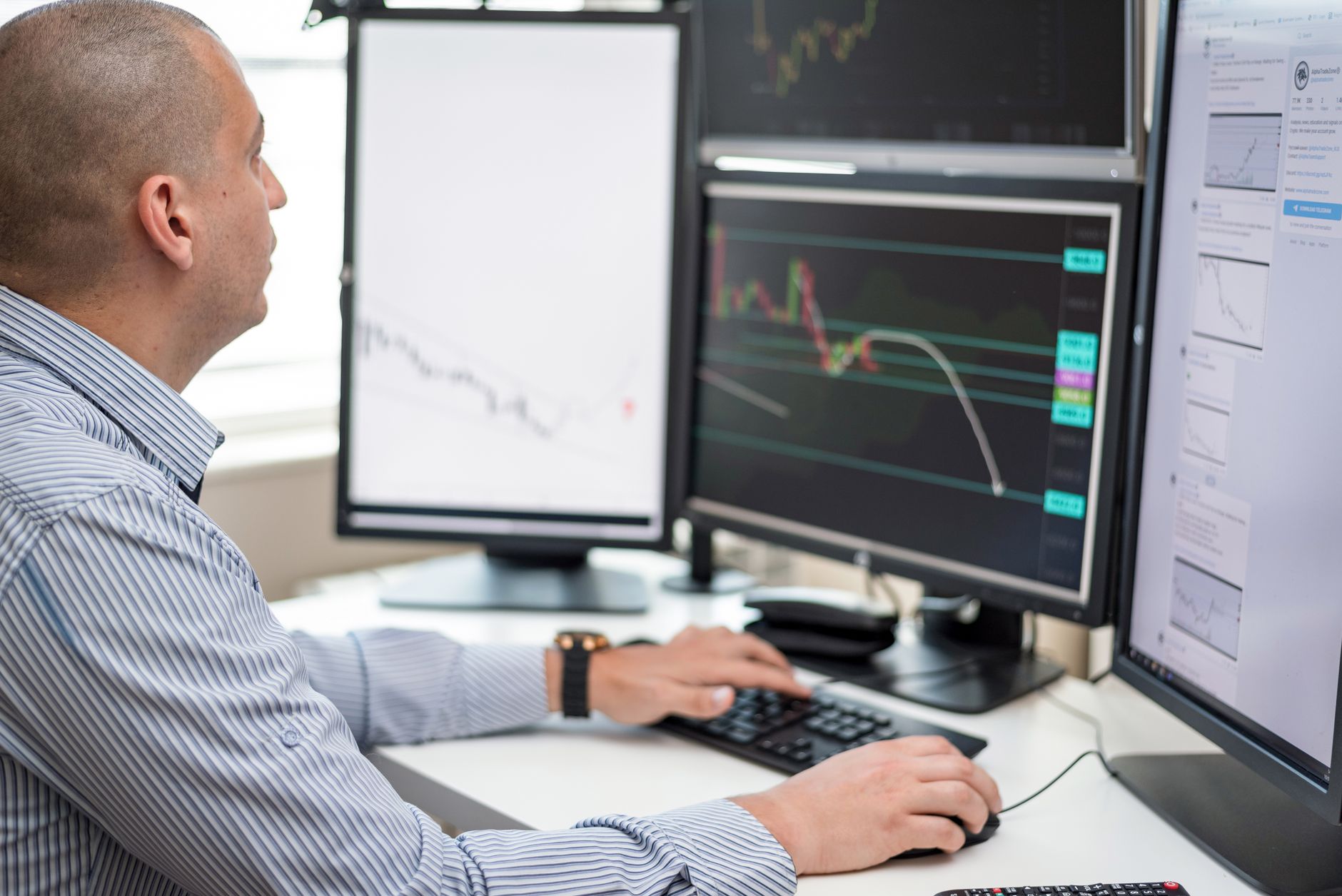 Portfolio managers review ETF rebalance orders on trading screens as automated execution tools support a high-volume workflow.