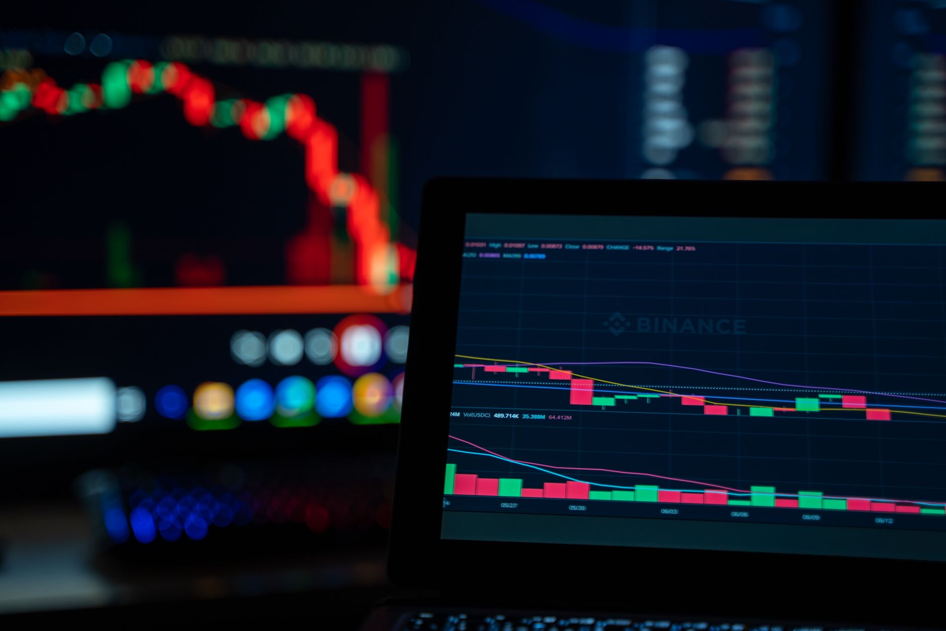 A trading screen displays bitcoin market data as investment professionals discuss the launch of a tactical cryptocurrency ETF.